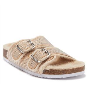 Dolce Vita Bonita Fuzzy Footbed Rhinestone Slippers Sandals Tan
